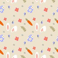 A repeating pattern with Easter elements, eggs, bunny ears, carrots, flowers, butterflies, and branches vector