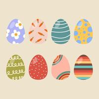 A collection of eight decorative eggs with various patterns, floral, striped, dotted, and abstract. The color palette features pastel and warm tones. vector