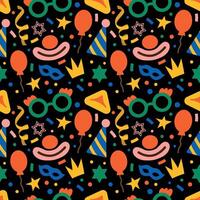 Purim seamless pattern. Clown nose, masquerade mask, balloons, party hat on a black background. Bright, festive illustration for card, wrapping paper, background or textile vector