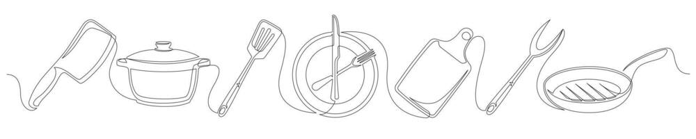 Set of continuous one line drawing of a kitchen elements isolated on white vector