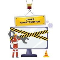 Construction worker holding a wrench on his shoulder and a paper roll in his hand, next to a large computer screen marked with yellow and black caution tape. Under Construction sign vector