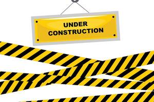 Illustration of a warning sign featuring a Under Construction shield and rolls of hazard tape, conveying a message of caution and ongoing activity vector