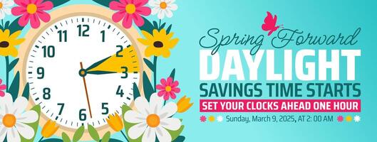Spring Forward concept 2025 banner with flower and clock design with trendy design. vector