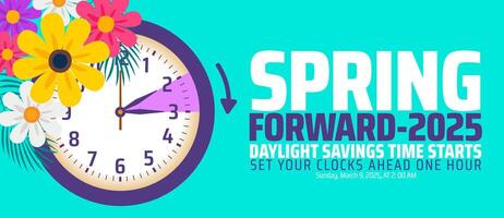 Spring Forward concept 2025 banner with flower and clock design. Daylight Saving Time Starts background with cartoon doodle style with funny clock flower. schedule of changing clocks vector