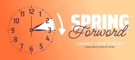 Spring Forward concept 2025 background or banner design with Golden color. Daylight Saving Time Starts background and cartoon design vector