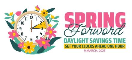 Spring Forward concept 2025 banner with flower and clock design with white background. vector