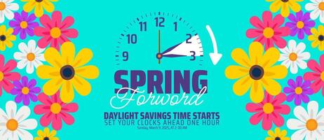 Spring Forward Daylight Saving Time Starts background with flower and clock design. Spring Forward set your clock ahead one hour banner with doodle style schedule of changing clocks at march 09 vector