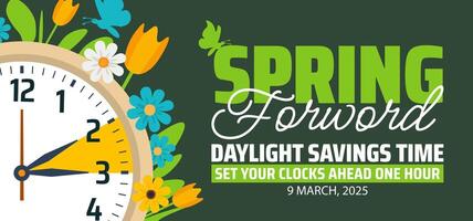 Spring Forward concept 2025 banner with flower and clock design with new design. vector