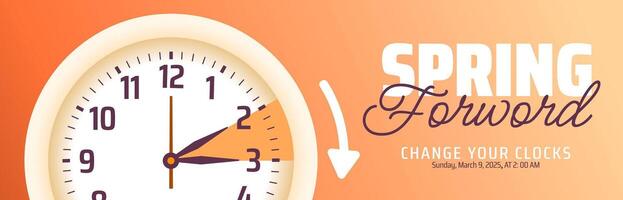 Spring Forward concept 2025 banner with flower and clock design with golden color design. vector