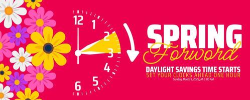 Spring Forward Daylight Saving Time Starts background with flower and clock design. Spring Forward set your clock ahead one hour banner with doodle style schedule of changing clocks vector