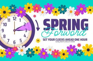 Spring Forward Daylight Saving Time Starts background with flower and clock design. Spring Forward set your clock ahead one hour banner with doodle style schedule of changing clocks at march 09 2025 vector