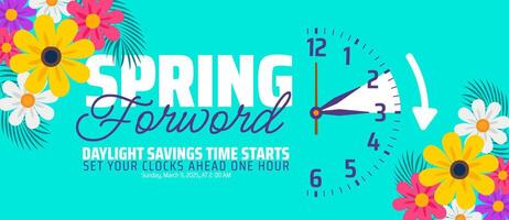 Spring Forward concept 2025 banner with flower and clock design. Daylight Saving Time Starts background with cartoon doodle style with funny clock flower. schedule of changing clocks at march 09, 2025 vector