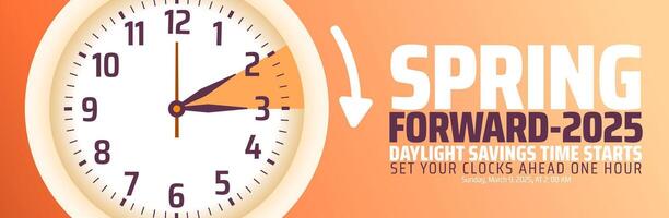 Spring Forward concept 2025 banner with flower and clock design with golden color. vector