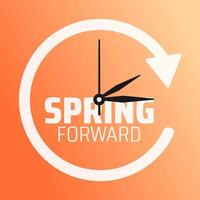 Spring Forward concept 2025 social media post banner or background design template with Golden color. Daylight Saving Time Starts background and cartoon doodle style with clock vector