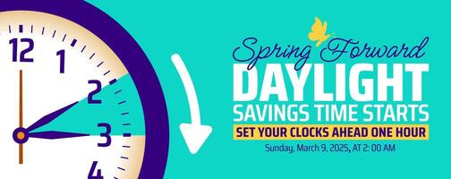 Spring Forward concept 2025 banner with flower and clock design with blue color vector