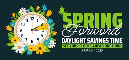 Spring Forward concept 2025 banner with flower and clock design with green background. vector