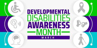 Developmental Disabilities Awareness Month background banner or poster design template. observed every year in March. Holiday concept. Use to any Template. vector