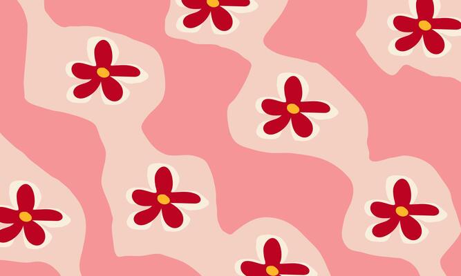 Groovy abstract pattern with hand drawn flowers and wavy stripes. Funky abstract backgrounds in 60-70s hippie style. Simple floral horizontal design