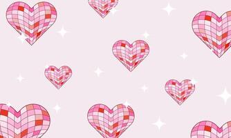 Trendy lovely pattern with heart shaped disco balls and star shapes. Abstract festive design in pink colors palette. Retro Valentines day banner template vector