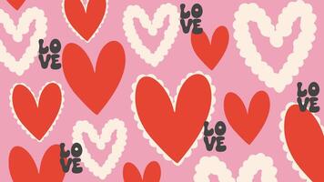 Trendy love pattern with hand drawn hearts and text on background. Abstract design for Saint Valentines Day. Red, pink and beige aesthetic romantic backdrop vector