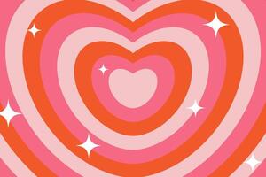 Hypnotic heart background in 60-70s retro style. Tunnel of concentric hearts for romantic and whimsical design.Trippy psychedelic backdrop. Red and pink love vibe concept vector