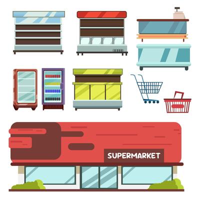 illustration of supermarket building with product display cases, shopping cart and basket Ideal for advertising grocery stores and retail concepts