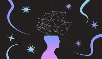 a human with an open head, symbolizing intelligence, creativity, and deep thinking, geometric neural network structure emerges from the head, ideas, innovation, and artificial intelligence concept vector