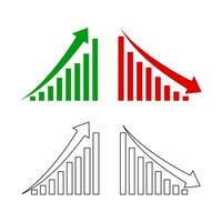 flat green and red curvy arrow going upward and downward, stock market, business and economic icons, outlined arrow with increasing decreasing bars vector