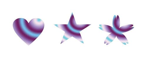 Holographic colored heart, star, flower shape, iridescent gradient color shape y2k vector