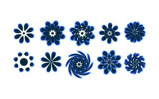 Collection of ten abstract geometric flower shapes in a blue and black color scheme, each featuring a unique petal arrangement and a glowing outline vector