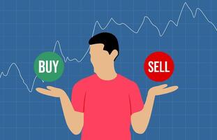 stock market concept illustration featuring a faceless man in a red shirt holding a green BUY button in one hand and a red SELL button in the other, with a financial chart in the background vector