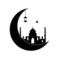 Silhouette of Islamic mosque with domes and minarets, elegantly placed within a crescent moon. Hanging lanterns and a star add a festive and spiritual touch, Ramadan, Eid, and Islamic culture vector
