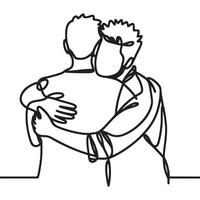 One continuous line drawing of a man meeting his old hugging each other. meet up, gathering. Simple line. vector