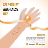 Self Injury Awareness Day with a ribbon and hand vector