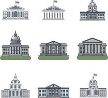 Government Building Icons, set of buildings in different styles vector