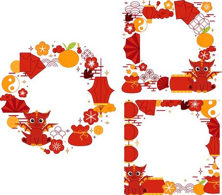 Chinese New year of Red dragon 2036 graphic line round circle frame set. style banner frame scroll board decoration on transparent background CNY lunar lantern festival