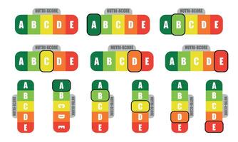 Nutria score icons set. Isolated Nutritional stickers for packaging on white background. Food rating system signs. A, B, C, D, E. vector