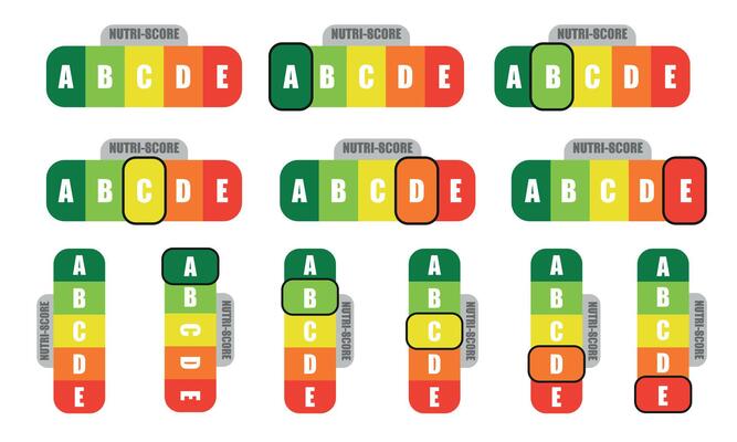 Nutria score icons set. Isolated Nutritional stickers for packaging on white background. Food rating system signs. A, B, C, D, E.