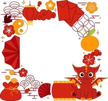 chinese new year traditional elements with red dragon 2036 circle round frame in graphic line style. template for your text. lunar lantern festival vector