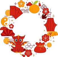 Chinese New year of red Dragon 2036 graphic line round circle frame. style banner frame scroll board decoration. Chinese lunar new year, lantern festival mascot vector