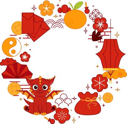 Chinese New year of red Dragon 2036 graphic line round circle frame. style banner frame scroll board decoration. Chinese lunar new year, lantern festival mascot