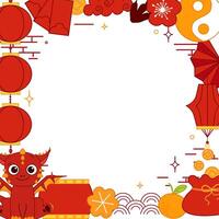 Chinese new year of red Dragon 2036 graphic line square frame, New Year background material. lantern lunar festival, transparent background vector