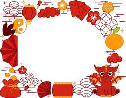 year of Red dragon 2036 Chinese New Year template oval frame featuring traditional Chinese borders and a Dragon, celebrating the Year of the dragon with festive elements. graphic line vector
