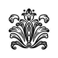 Baroque vintage element with arabesque and flourish motif. Sketch of ornate design element. Hand drawing vintage baroque style. Isolated engraving illustration. For decoration, print and design vector