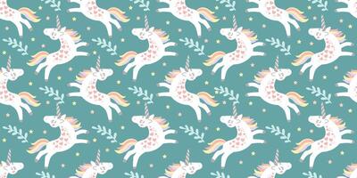 Seamless pattern with cute doodle unicorns on a colored background. For packaging paper, printing and design on fabric, textile, dishes and bed linen. Cute children s background. vector