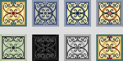 Ceiling panels of stained glass window. Abstract Flower, swirls and leaves in square frame, geometric ornament, stained glass tiffany technique, classic style vector