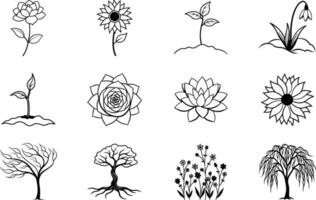 A collection of twelve black and white line drawings depicting various flowers, plants, and trees, including roses, sunflowers, lotuses, and willows. Simple, elegant botanical art. vector