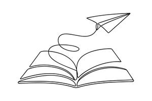 Open Book with Paper Airplane, Knowledge Flight, Single Line Art vector