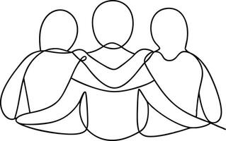 A minimalist line drawing depicts three individuals embracing from behind, symbolizing unity, friendship, and teamwork. Simple, elegant, and evocative of strong bonds. vector