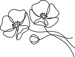 Simple line drawing of two poppies and a bud. Minimalist style, single continuous line, black ink on white background. Botanical illustration, floral art. vector